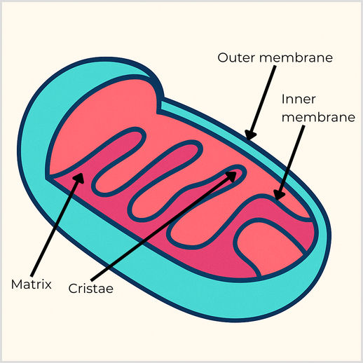 Mitochondrion structure with labelled membranes, cristae, and matrix Diagram of a mitochondrion showing the outer membrane, inner membrane, cristae, and matrix.