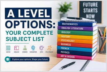 Colourful illustration promoting A Level options, showing a stack of textbooks labelled with popular A Level subjects including Mathematics, English Literature, Biology, History, Psychology, Business, French, Physics and Art & Design alongside the title 