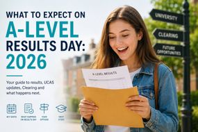 Student opening A-Level results envelope on Results Day 2026 with signposts for university, Clearing and future opportunities.