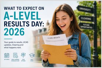 Student opening A-Level results envelope on Results Day 2026 with signposts for university, Clearing and future opportunities.