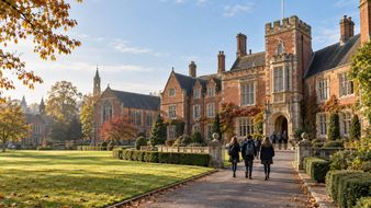 Pupils walking towards a red-brick boarding school through landscaped grounds with autumn trees.