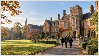 Pupils walking towards a red-brick boarding school through landscaped grounds with autumn trees.