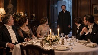 Inspector Goole stands in the doorway as the Birling family and Gerald Croft turn towards him at dinner.
