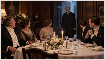 Inspector Goole stands in the doorway as the Birling family and Gerald Croft turn towards him at dinner.