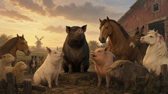Illustrated Animal Farm characters, including pigs, horses, sheep, dogs and a donkey, gathered outside a barn at sunset.
