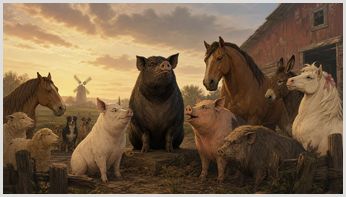 Illustrated Animal Farm characters, including pigs, horses, sheep, dogs and a donkey, gathered outside a barn at sunset.