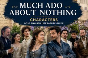 Illustration of the main characters from Shakespeare's Much Ado About Nothing in Renaissance clothing for a GCSE English Literature character guide.