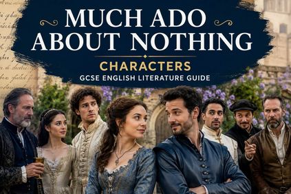 Illustration of the main characters from Shakespeare's Much Ado About Nothing in Renaissance clothing for a GCSE English Literature character guide.