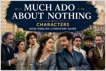Illustration of the main characters from Shakespeare's Much Ado About Nothing in Renaissance clothing for a GCSE English Literature character guide.
