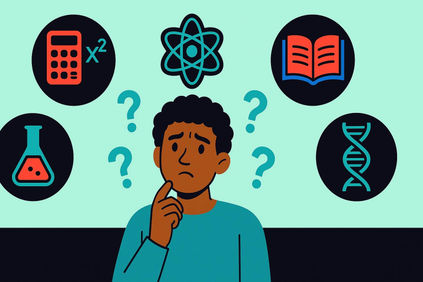 Confused student choosing GCSE options, surrounded by icons for Maths, Physics, English, Chemistry and Biology – hardest GCSE subjects