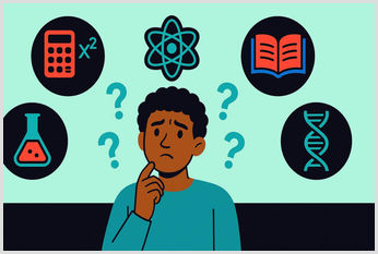 Confused student choosing GCSE options, surrounded by icons for Maths, Physics, English, Chemistry and Biology – hardest GCSE subjects