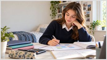 Student reviewing a colour-coded study planner at a desk with open textbooks, notebooks and a calculator.