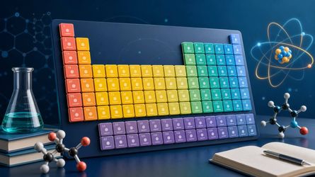 Colour-coded periodic table with molecular models and chemistry equipment for an A-Level guide