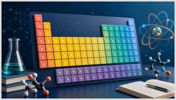 Colour-coded periodic table with molecular models and chemistry equipment for an A-Level guide
