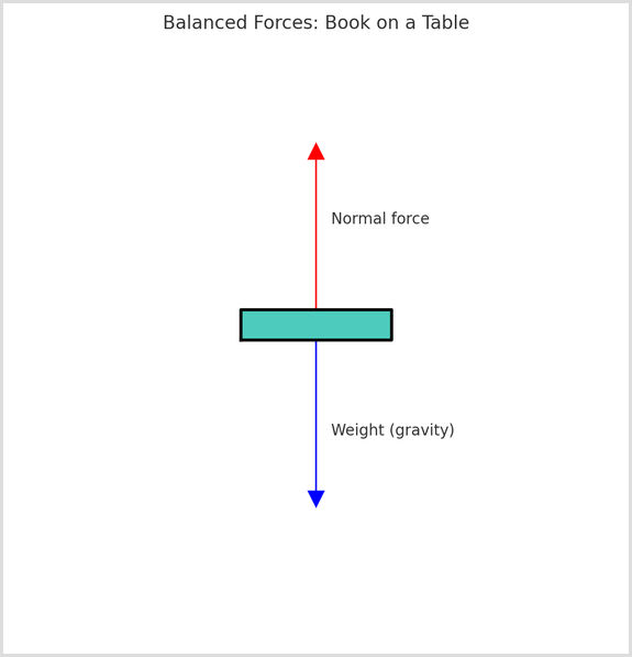 Balanced forces on a stationary book: gravity and normal force are equal and opposite. Diagram showing a book resting on a table with balanced forces: gravity pulling down and normal contact force pushing up.