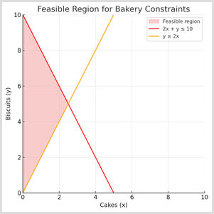Feasible Region for Bakery Constraints A graph representing a bakery scenario with two inequalities: 2x + y is less than or equal to 10 and y is less than or equal to 2x. The area between the red and orange lines is shaded, showing the region where both conditions are met.