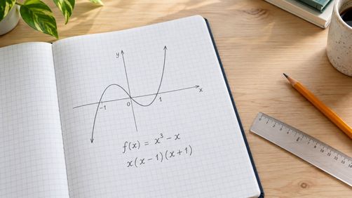 Open notebook showing a sketch of the cubic graph f(x) = x³ - x and its factorisation x(x - 1)(x + 1), beside a pencil and ruler.