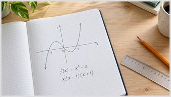 Open notebook showing a sketch of the cubic graph f(x) = x³ - x and its factorisation x(x - 1)(x + 1), beside a pencil and ruler.