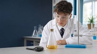GCSE Chemistry student measuring the rate of a gas-producing reaction using a conical flask, gas syringe and stopwatch.