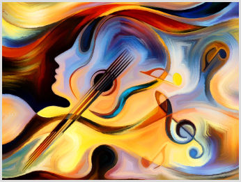 Musical artwork with wavy lines, including a guitar, quavers and a treble clef.