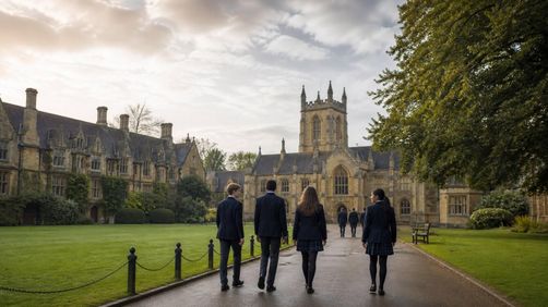 Pupils walking towards a historic UK private school building