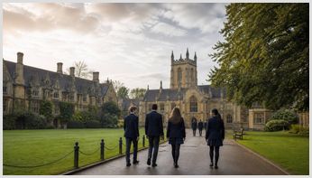 Pupils walking towards a historic UK private school building