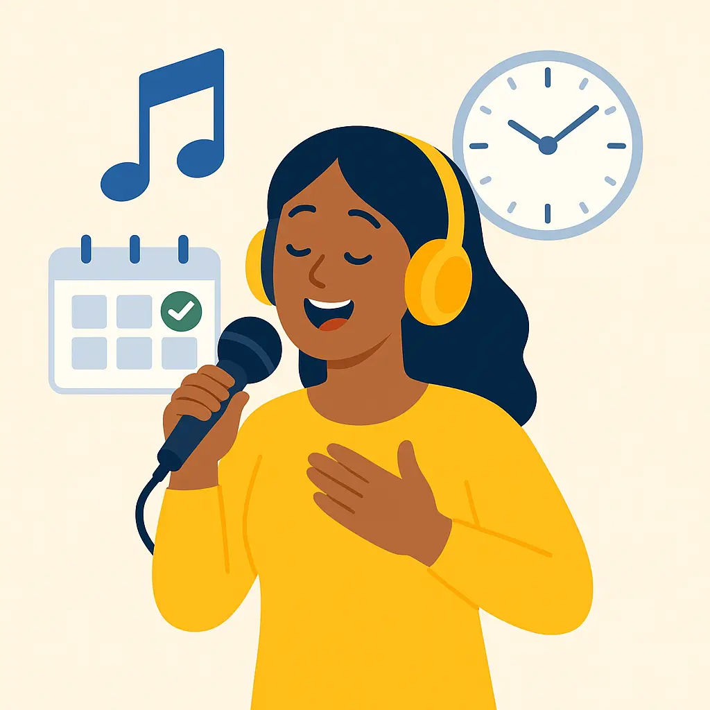 Top-rated Singing tutor selection process illustration Illustration of a tutor evaluation process with a man holding a trophy, checklist, and tutor profiles