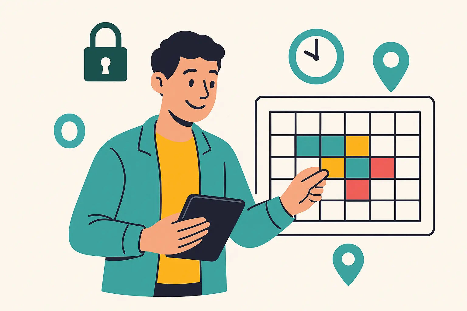 Manage your bookings your way – flexible lessons and payments Student managing a flexible lesson schedule using a tablet, with icons for time and location