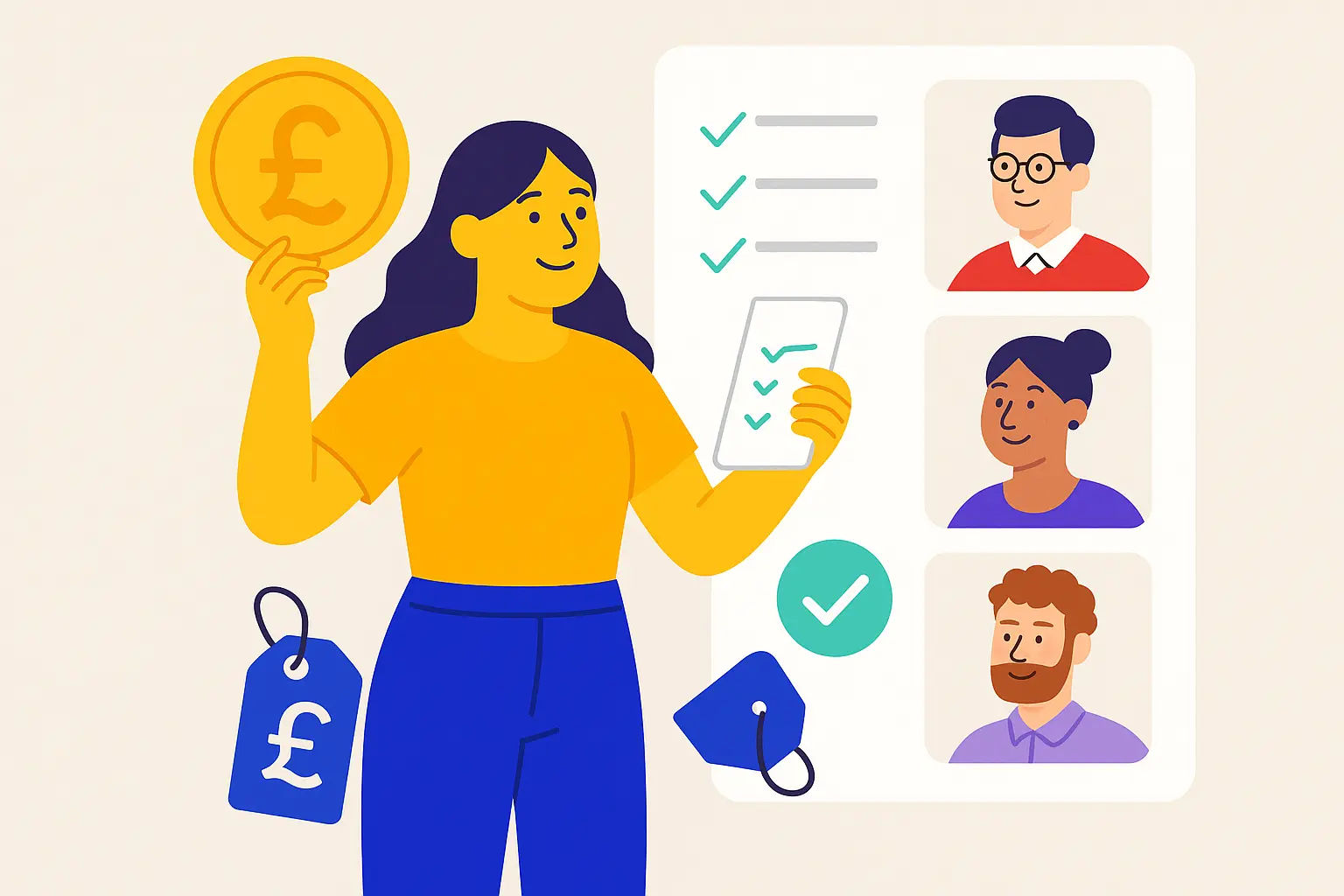 Find the right tutor at the right price – with a money-back guarantee Student choosing a tutor while holding a pound coin and checklist, with tutor options and price tags visible