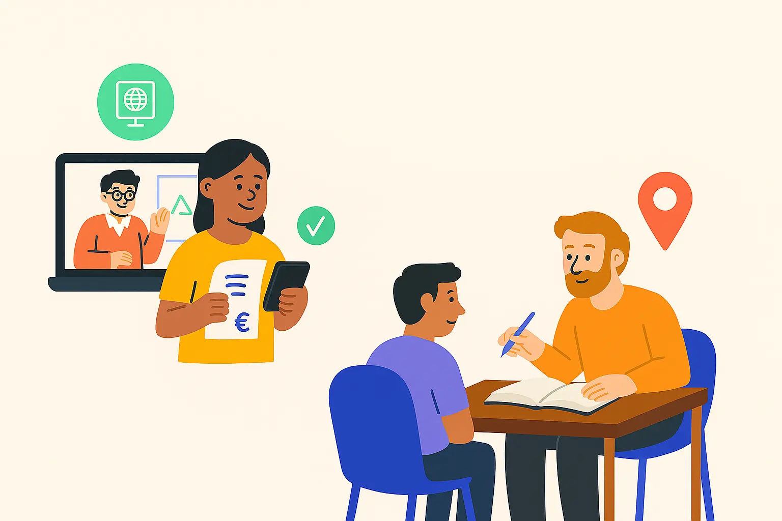 Learn your way – online or face-to-face tutoring available Student choosing between online learning and in-person tutoring, with icons for location and global access