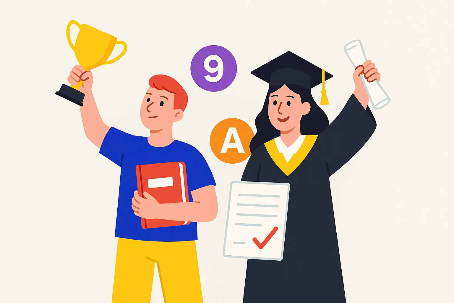 Expert GCSE and A-Level tutoring to help you reach your goals Two students celebrating academic success, one holding a trophy and the other in a graduation cap with a diploma
