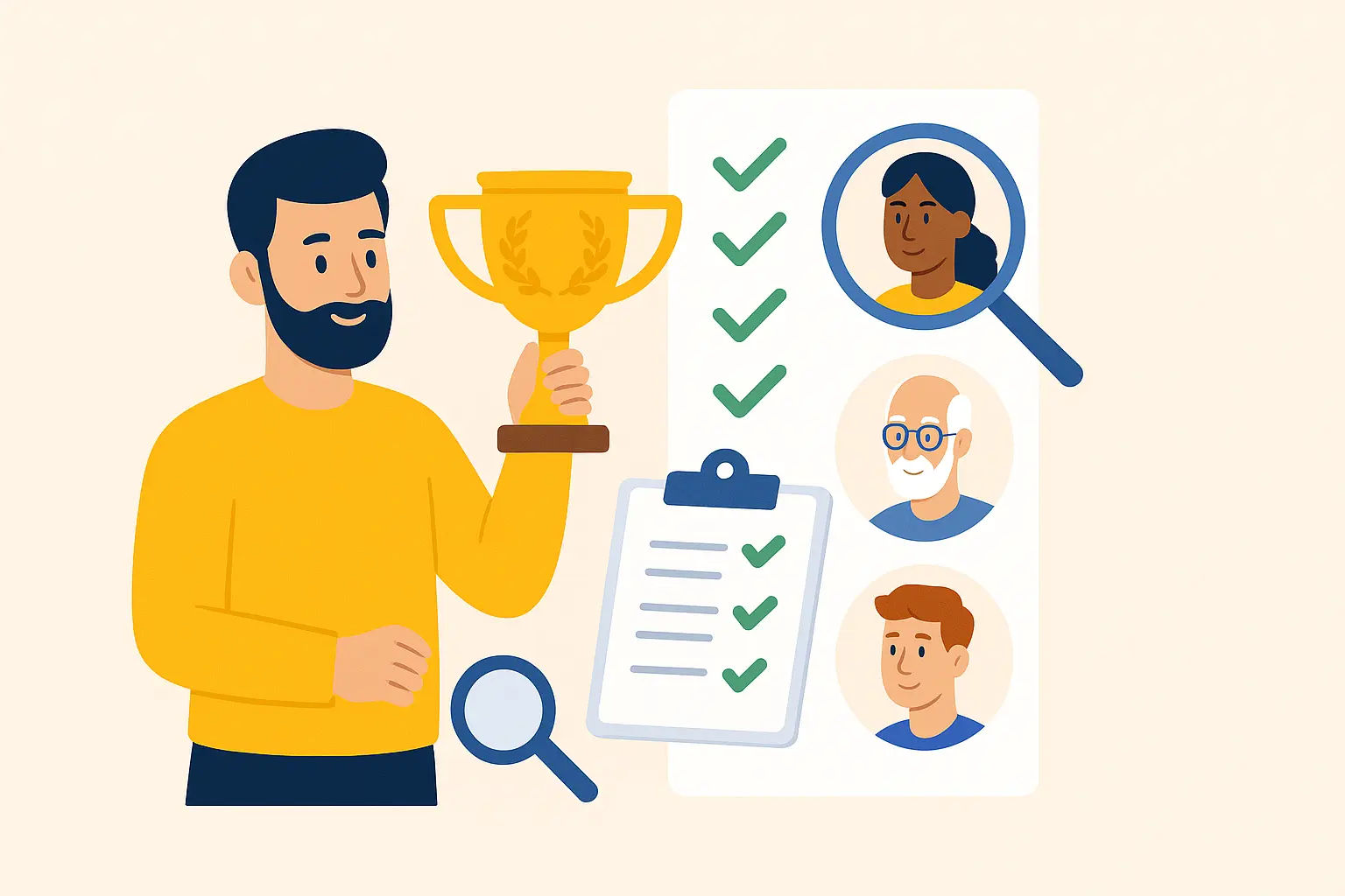 Top-rated Archeology tutor selection process illustration Illustration of a tutor evaluation process with a man holding a trophy, checklist, and tutor profiles