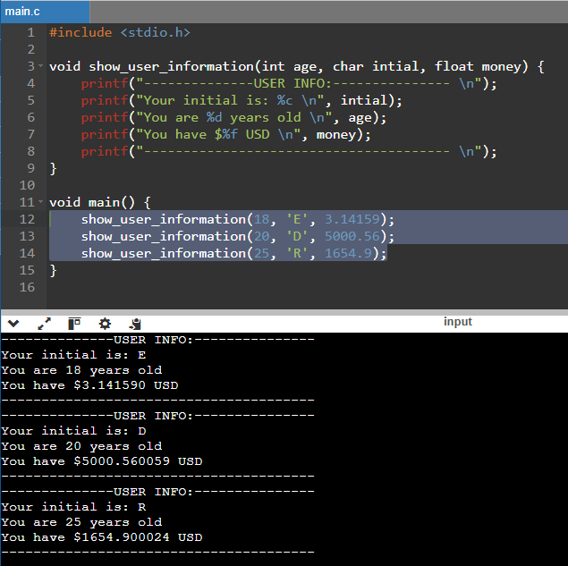md functions with arguments in c