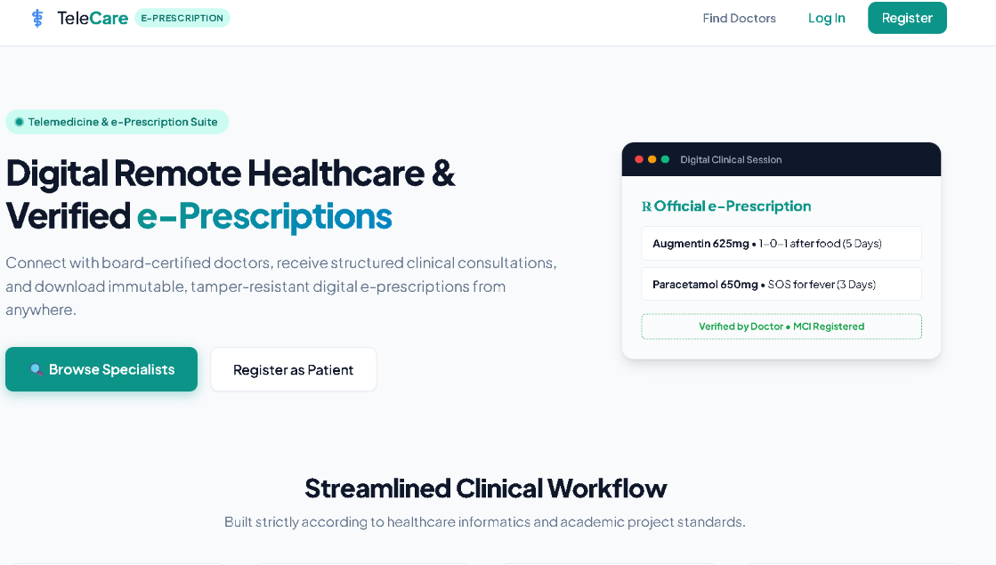 TeleCare — Telemedicine Platform with Tamper-Resistant e-Prescription Module screenshot
