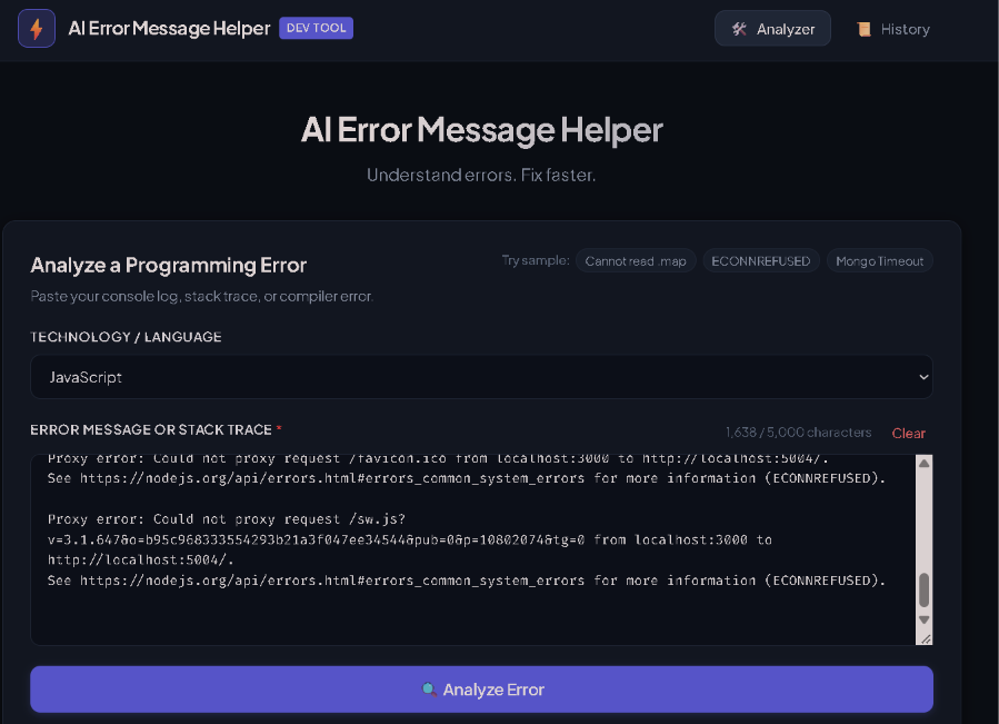 AI Error Message Helper - MERN Stack Developer Debugging Tool screenshot