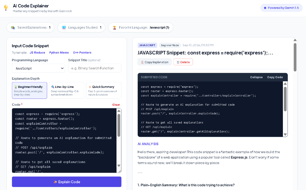 AI Code Explainer - Gemini-Powered MERN Developer Tool screenshot