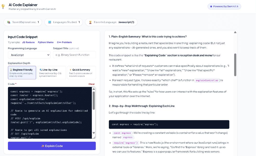 AI Code Explainer - Gemini-Powered MERN Developer Tool screenshot 2