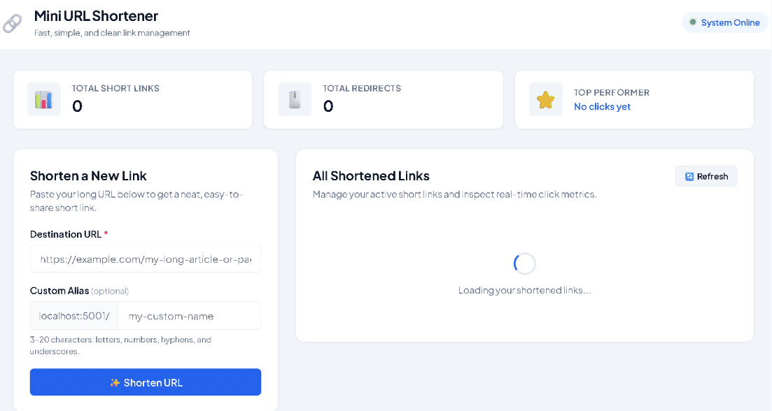 Mini URL Shortener - Link Management System screenshot