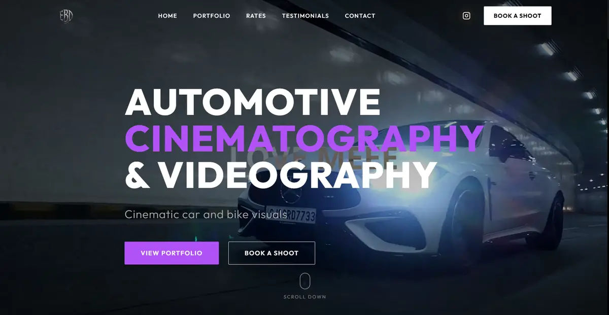 Automotive cinematography portfolio site built for a video editor