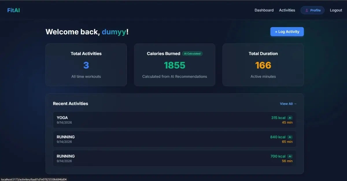 FitAI dashboard showing activities and AI-calculated calories