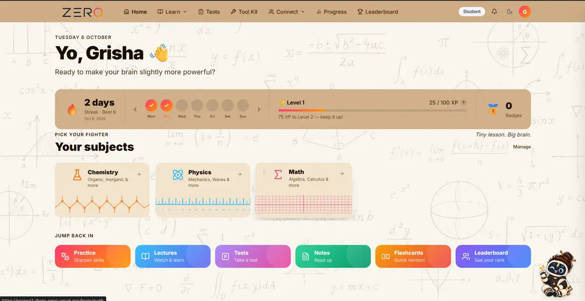 Zero student dashboard with streaks, subjects and quick links