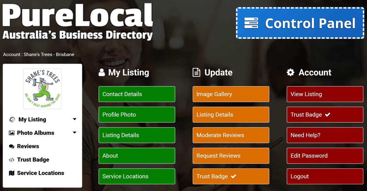 An example of Pure Local Directory's business account panel