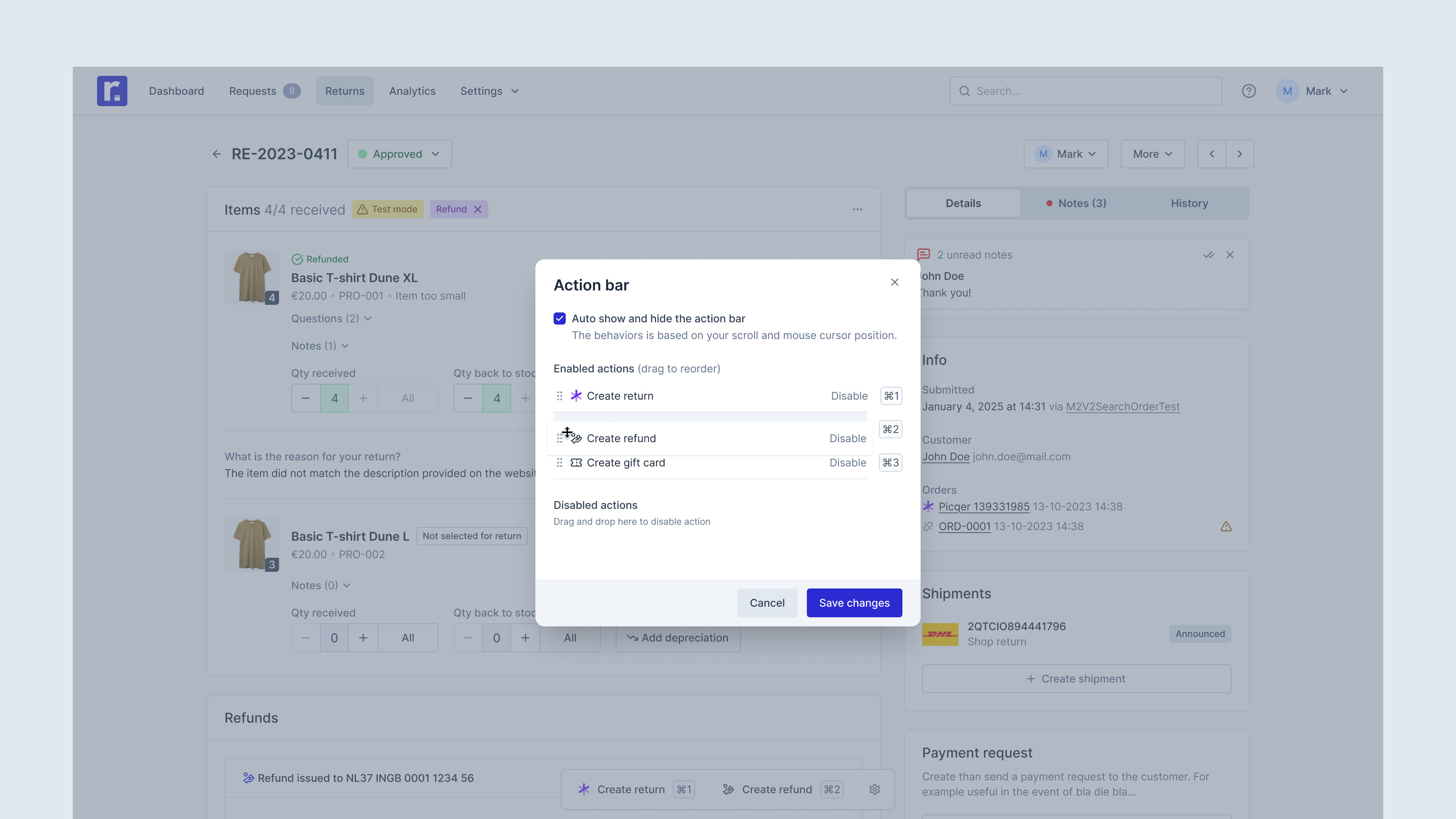 Action bar settings modal on return page in tenant panel