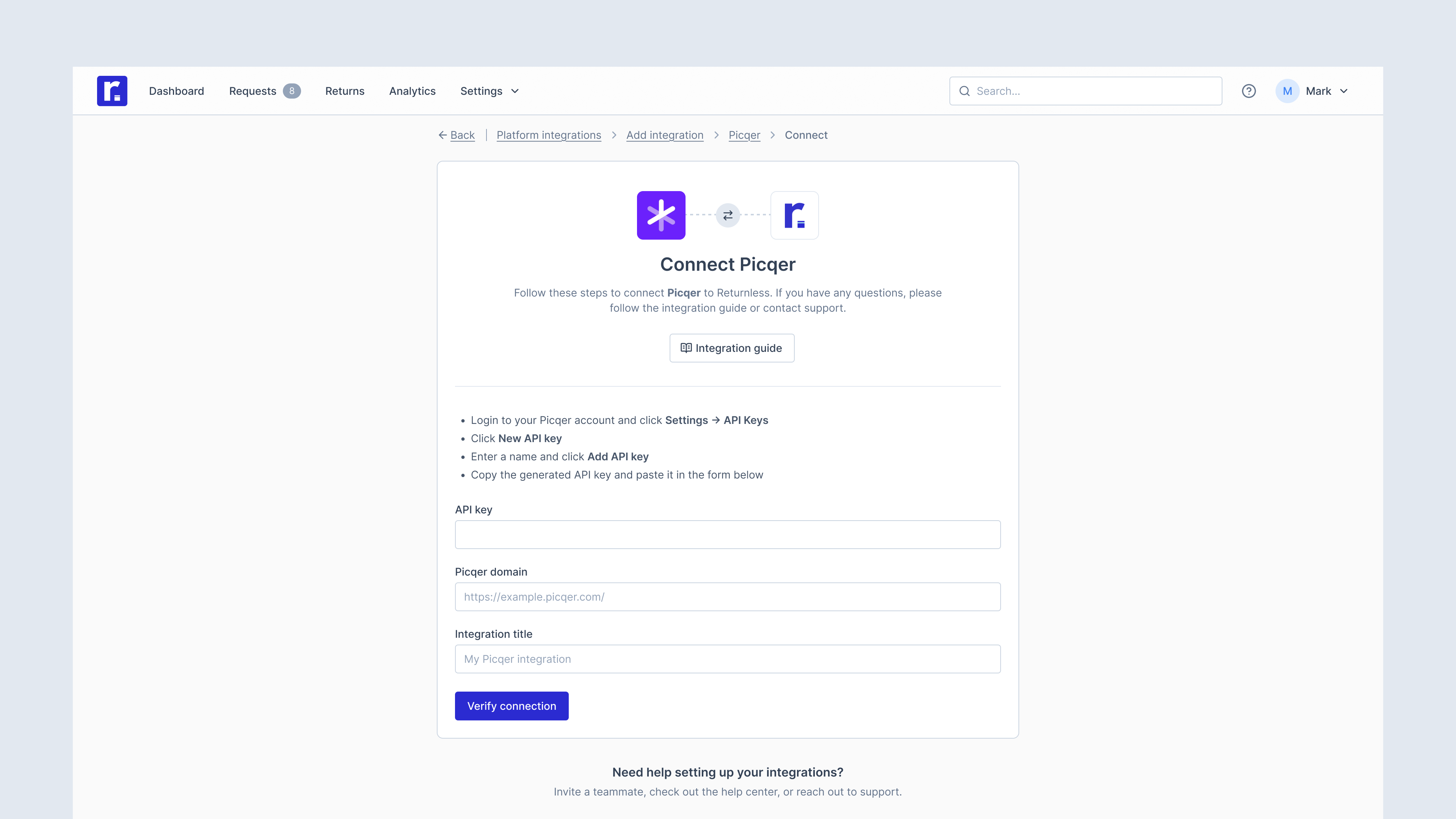 Connect Picqer to Returnless screen