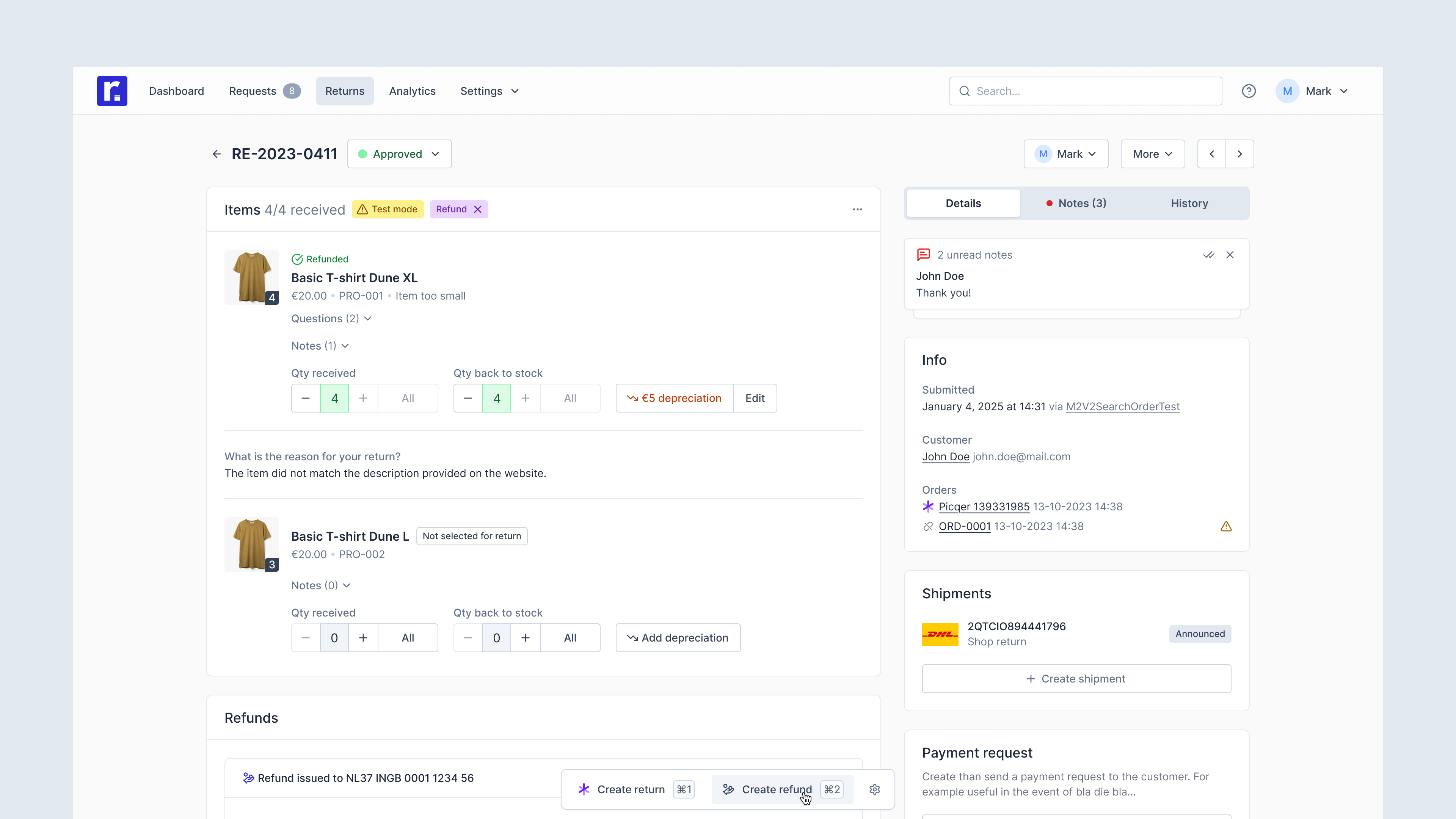 Return page in tenant panel