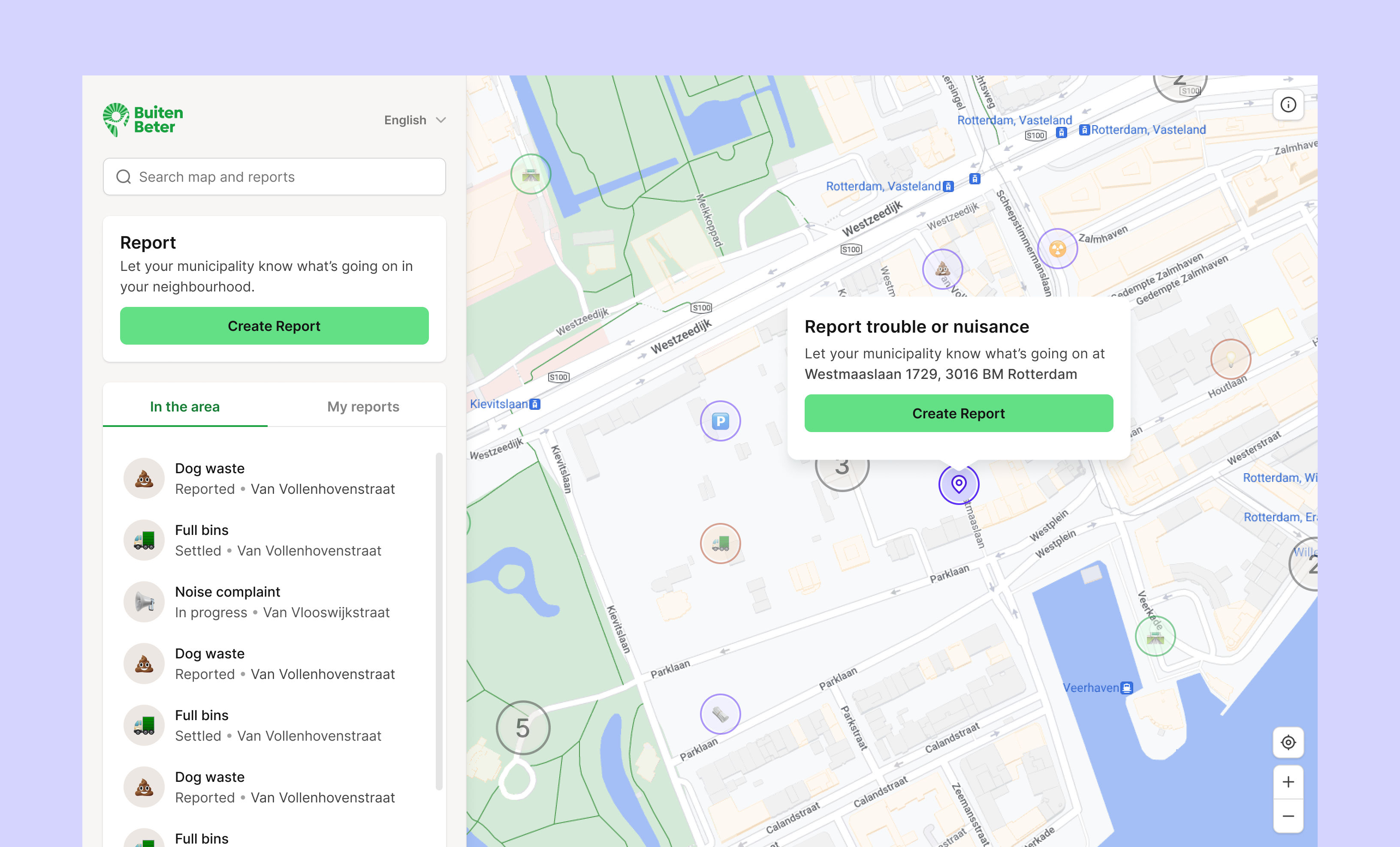 BuitenBeter’s homepage with sidebar of nuisance reports and a big map of Rotterdam.