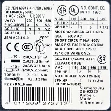 Siemens 3RT1017-1BB41; Contactor; 12A; 3P; 600VAC Coil: 24VDC - Austin