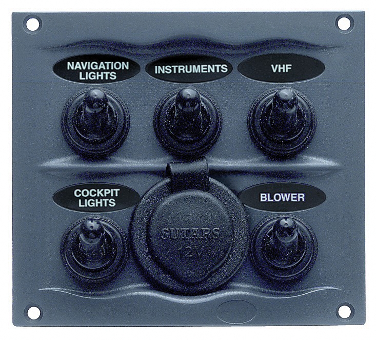SWITCH PANEL SPLASHPROOF FIVE WAY WITH SOCKET CHARCOAL