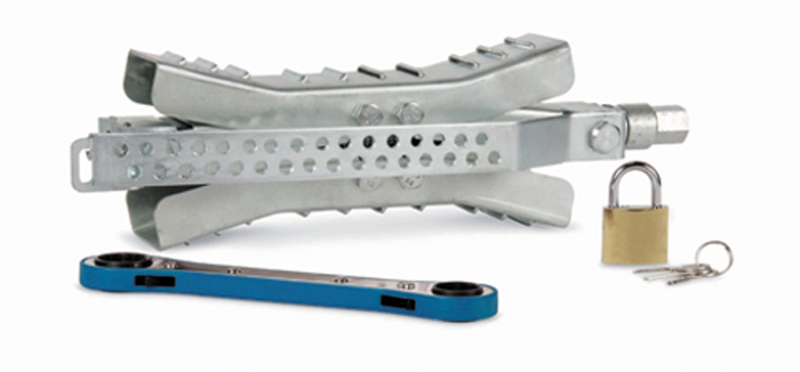METAL LOCKING WHEEL STOP WITH WRENCH AND LOCK