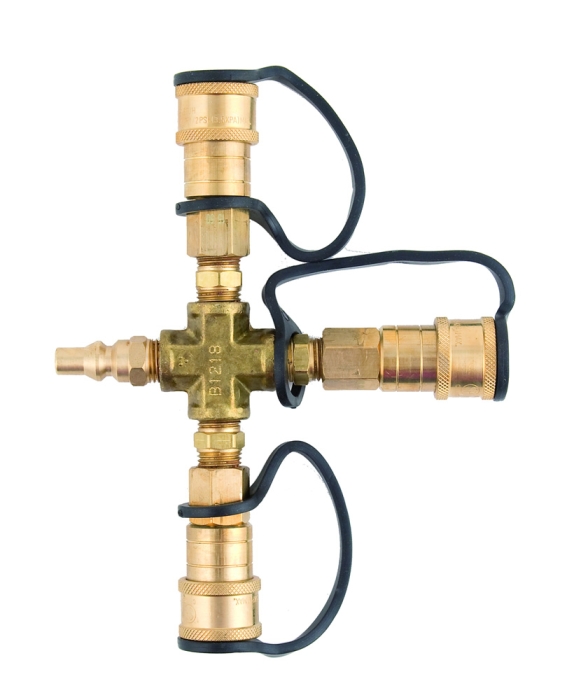 PROPANE CROSS ADAPTER 1/4" MALE QD X FEMALE QD X FEMALE QD X FEMALE QD - Packaged